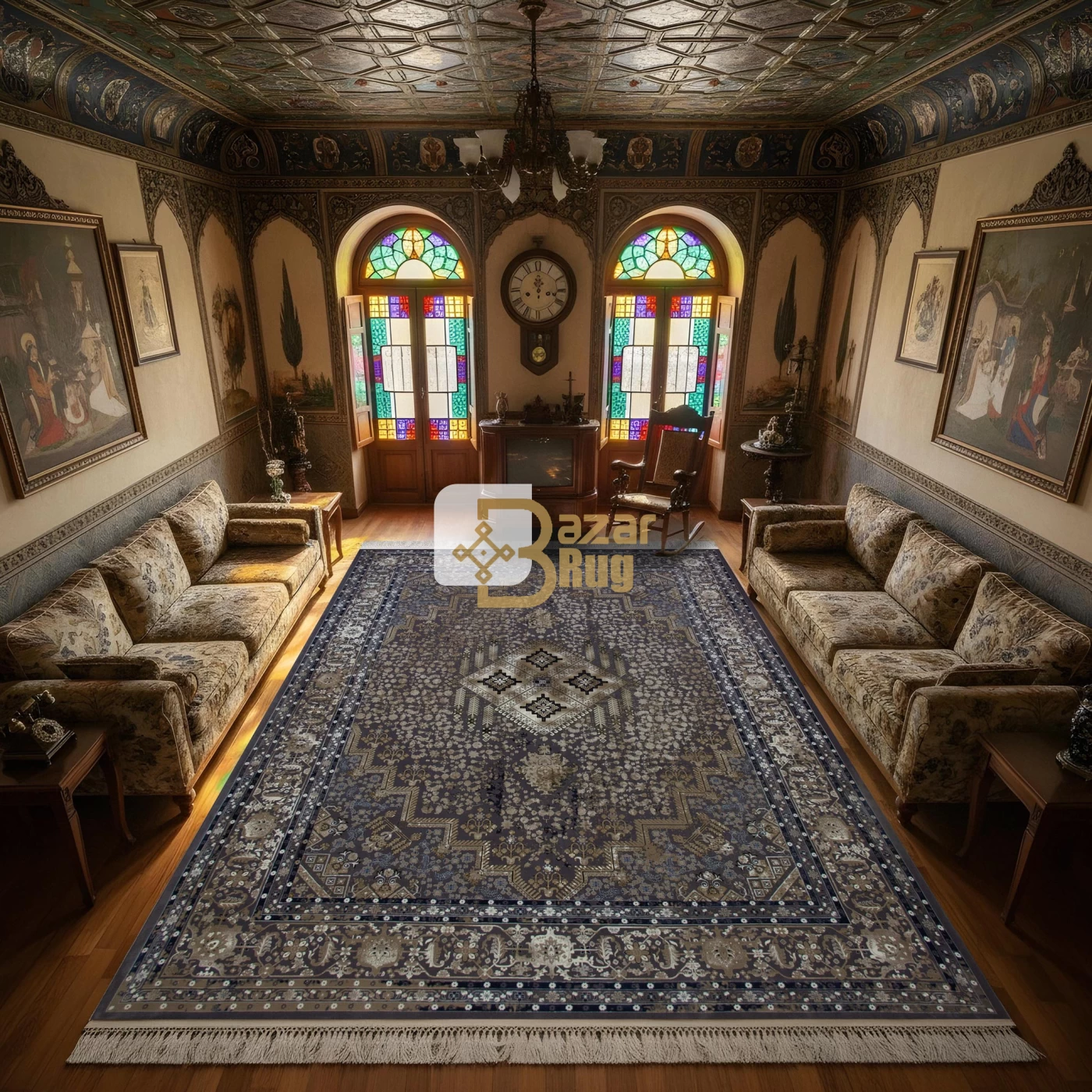 فرش ماشینی 1200 شانه تراکم 3600 گل برجسته طرح 120042 دلفینی آبی