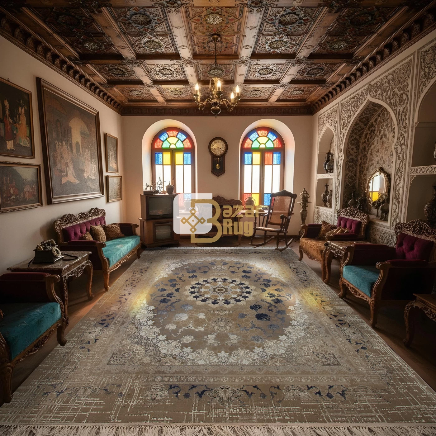 فرش ماشینی 1200 شانه تراکم 3600 گل برجسته طرح 120043 آبی