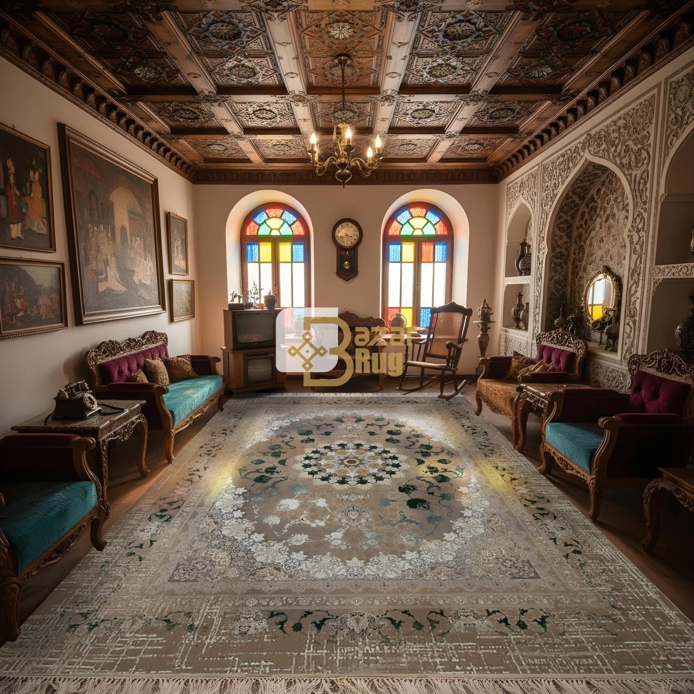 فرش ماشینی 1200 شانه تراکم 3600 گل برجسته طرح 120043 سبز