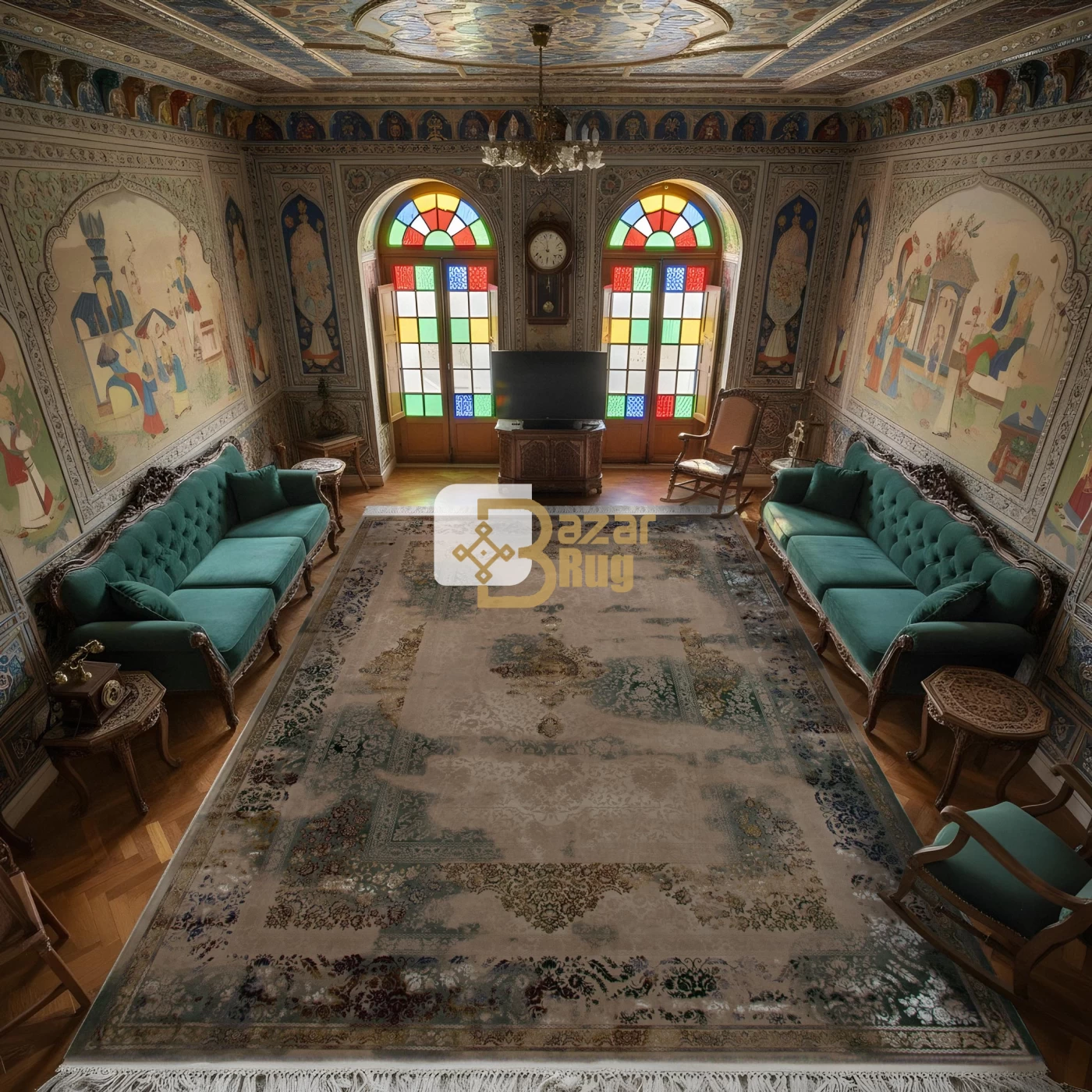 فرش ماشینی 1200 شانه تراکم 3600 گل برجسته طرح 120044 سبز