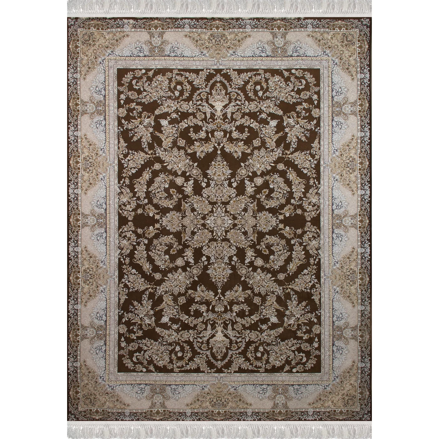 فرش ماشینی 1200 شانه تراکم 3600 گل برجسته طرح ادنا شکلاتی