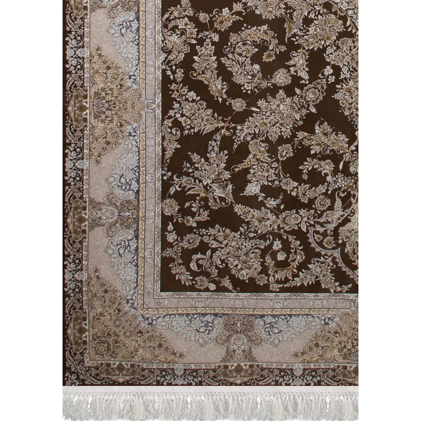 فرش ماشینی 1200 شانه تراکم 3600 گل برجسته طرح ادنا شکلاتی