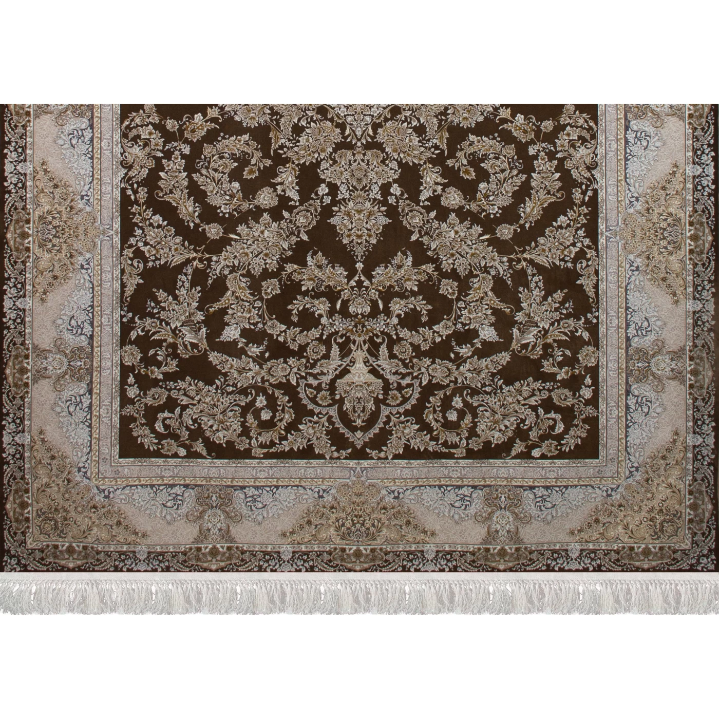 فرش ماشینی 1200 شانه تراکم 3600 گل برجسته طرح ادنا شکلاتی