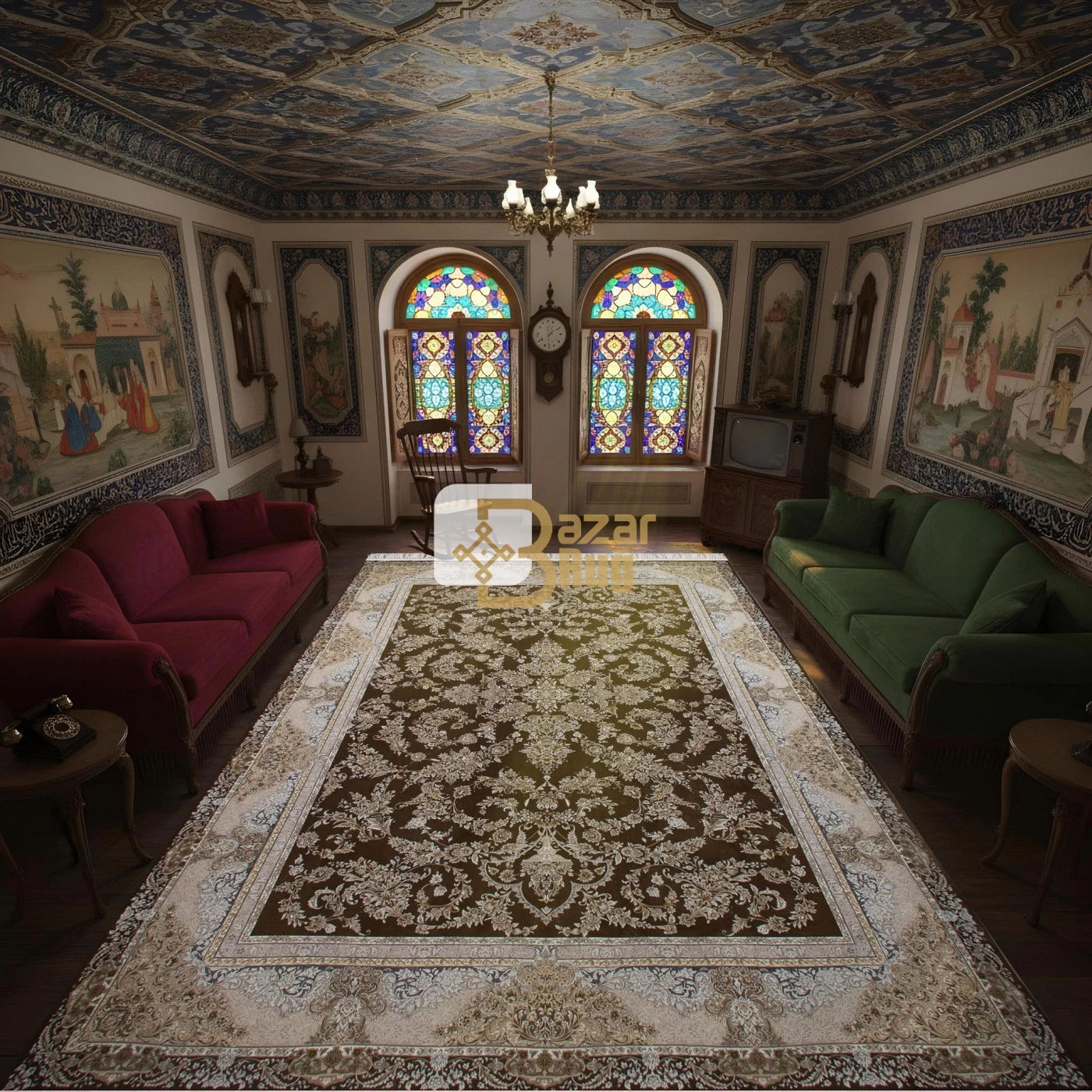 فرش ماشینی 1200 شانه تراکم 3600 گل برجسته طرح ادنا شکلاتی