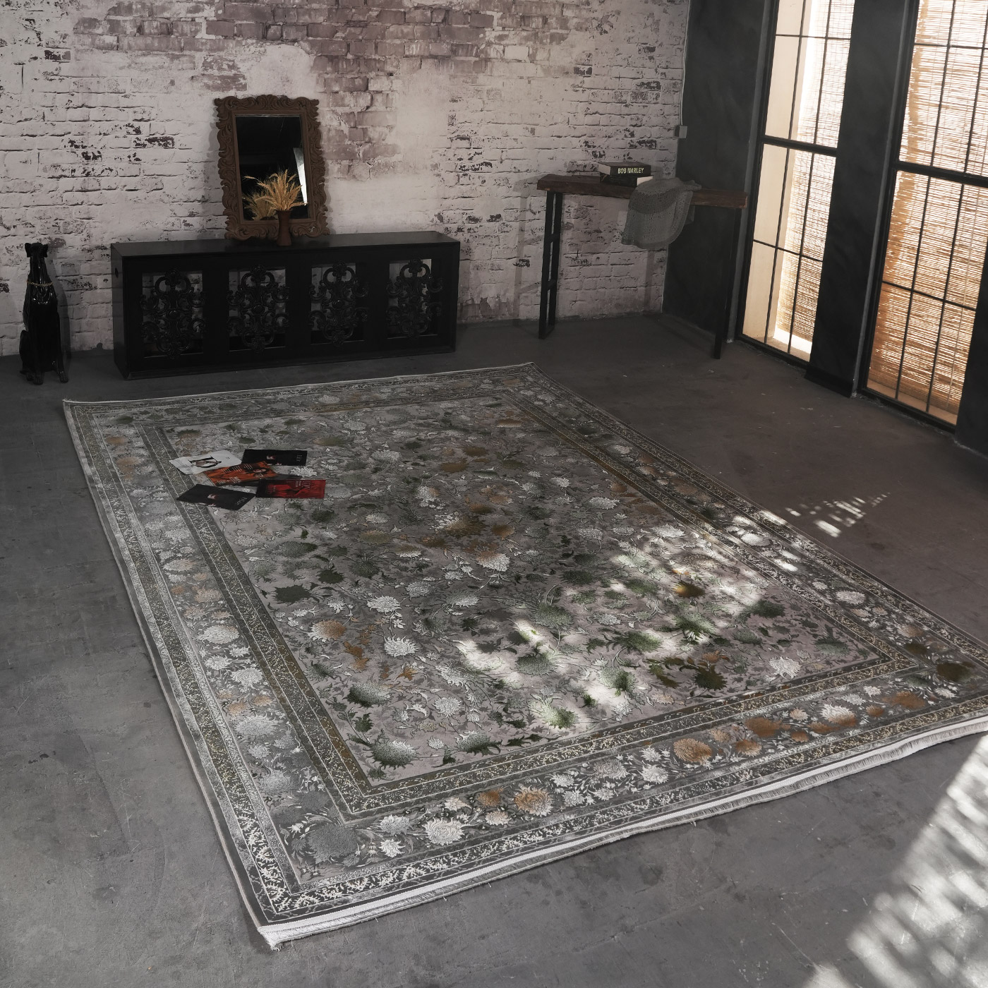 فرش ماشینی 1200 شانه تراکم 3600 گل برجسته طرح افشان شاهکار فیلی