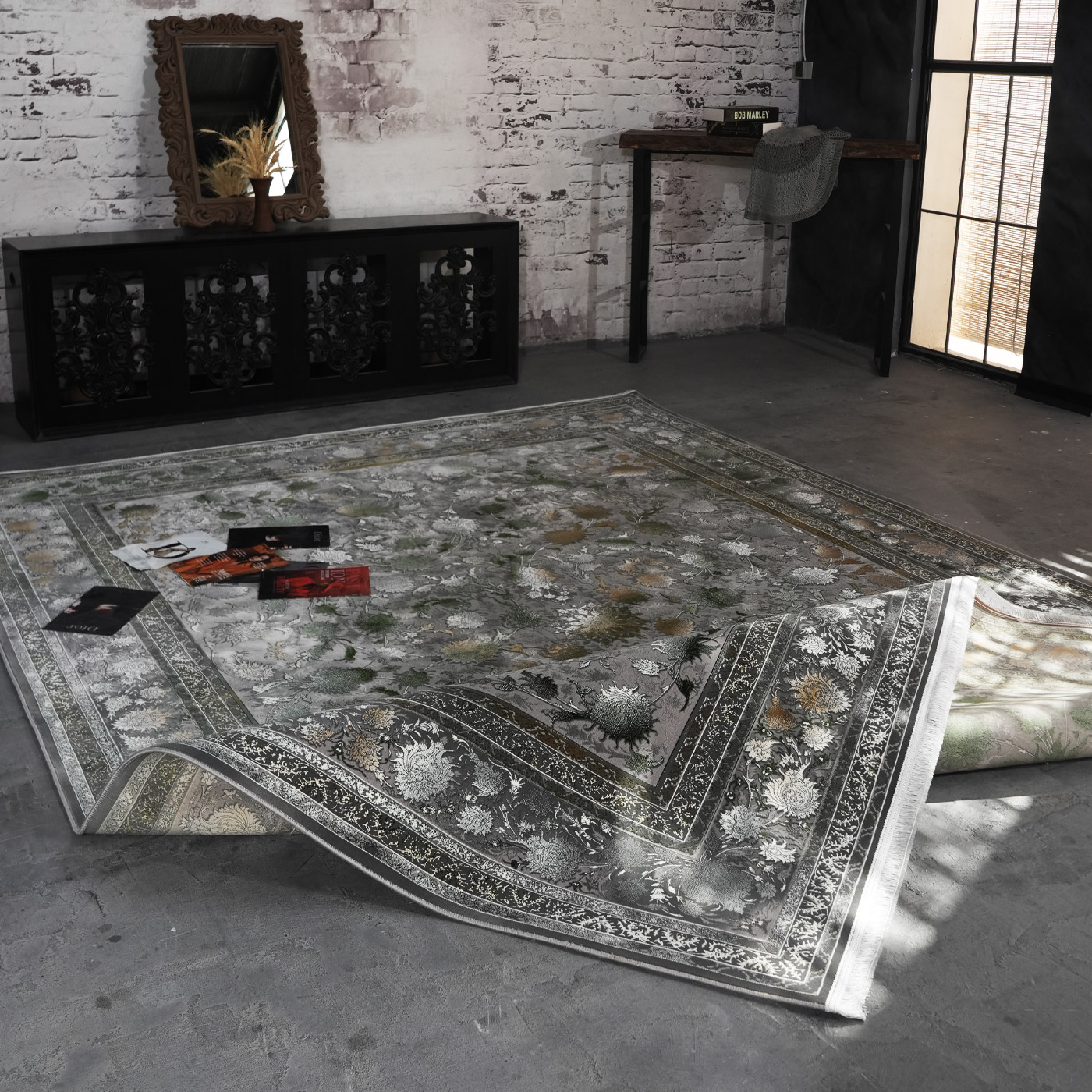 فرش ماشینی 1200 شانه تراکم 3600 گل برجسته طرح افشان شاهکار فیلی