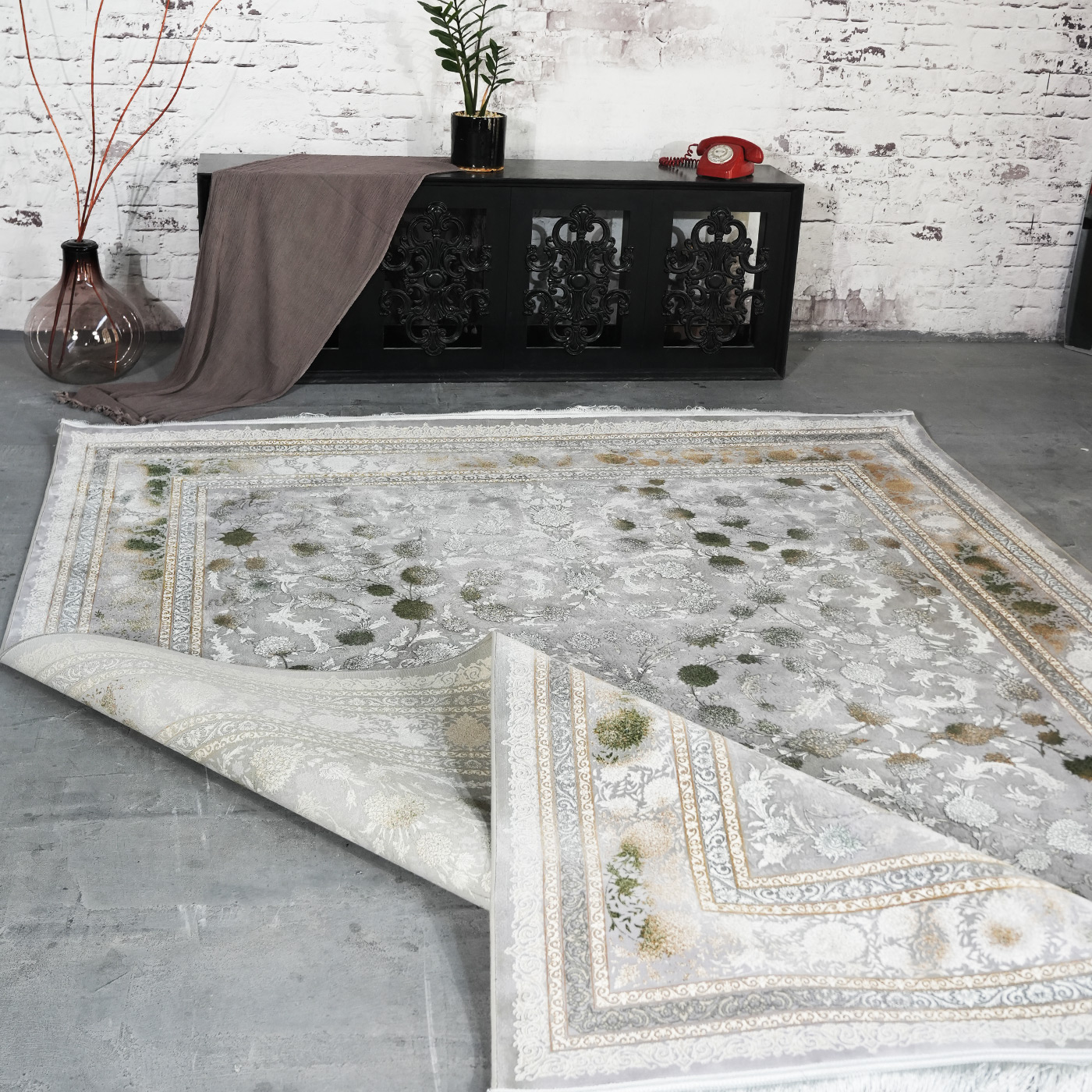 فرش ماشینی 1200 شانه تراکم 3600 گل برجسته طرح افشان شهرزاد فیلی