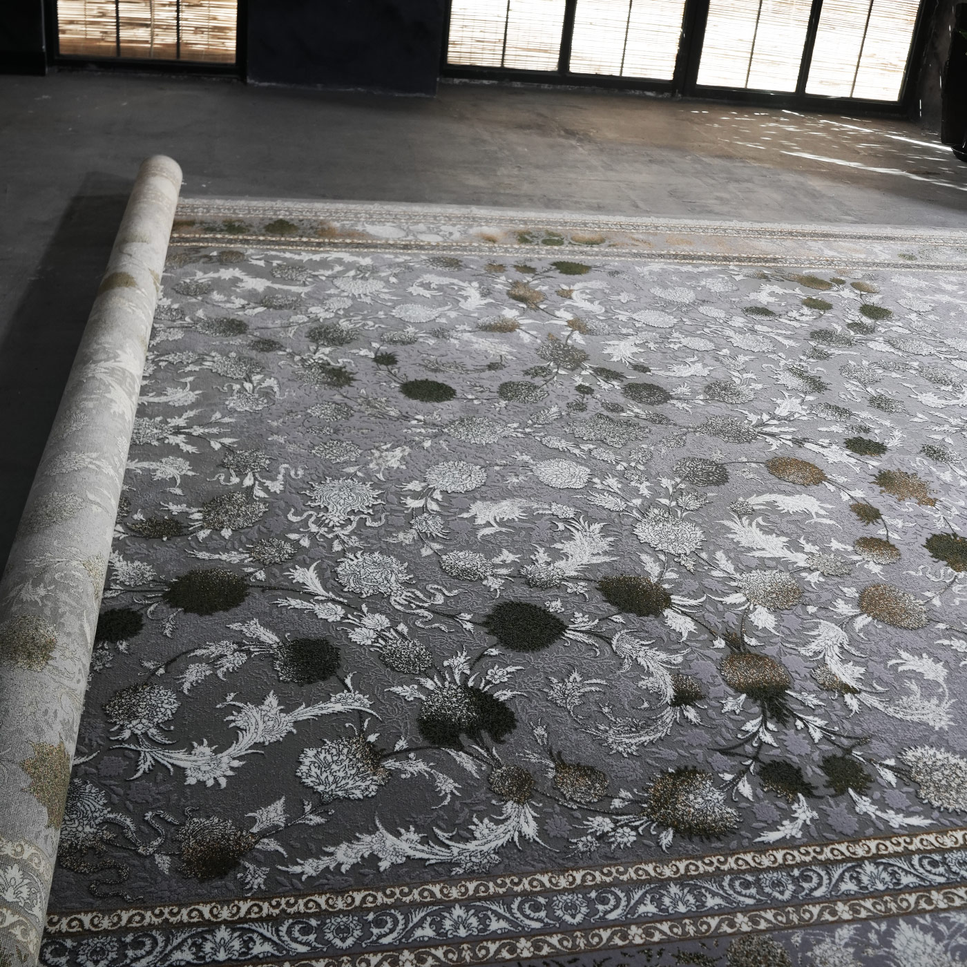 فرش ماشینی 1200 شانه تراکم 3600 گل برجسته طرح افشان شهرزاد فیلی