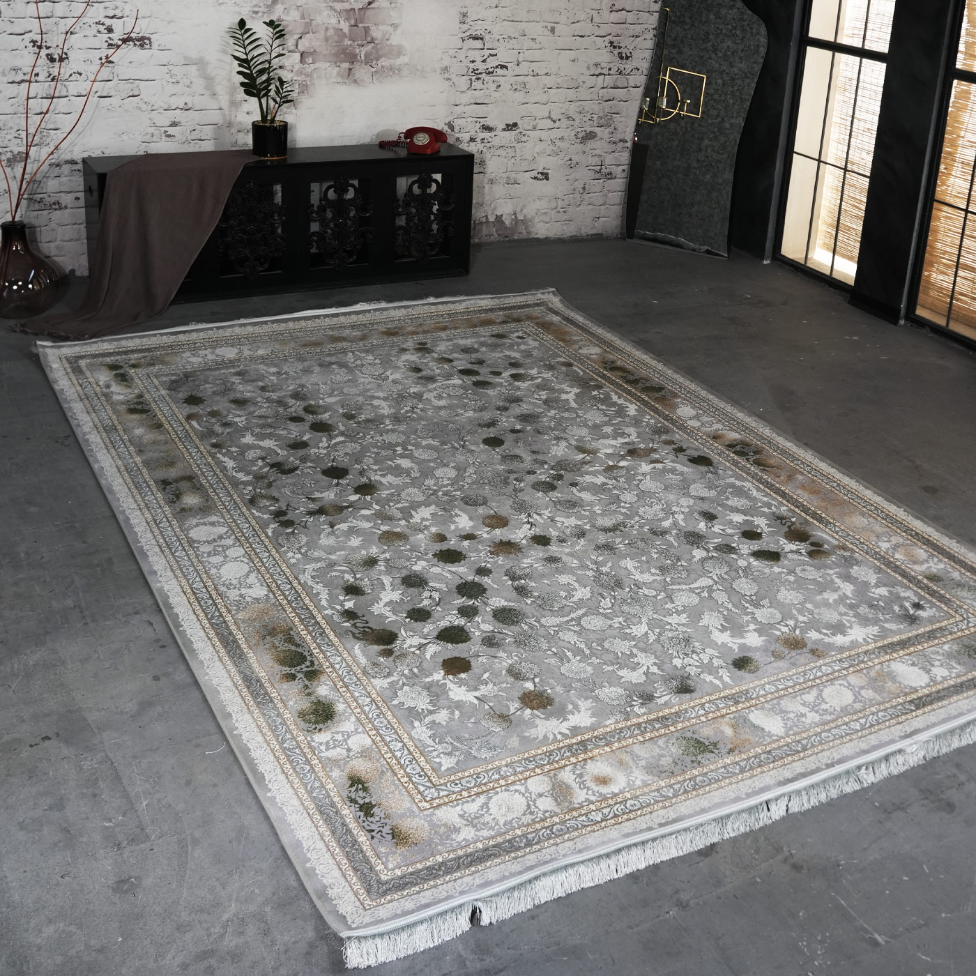 فرش ماشینی 1200 شانه تراکم 3600 گل برجسته طرح افشان شهرزاد فیلی