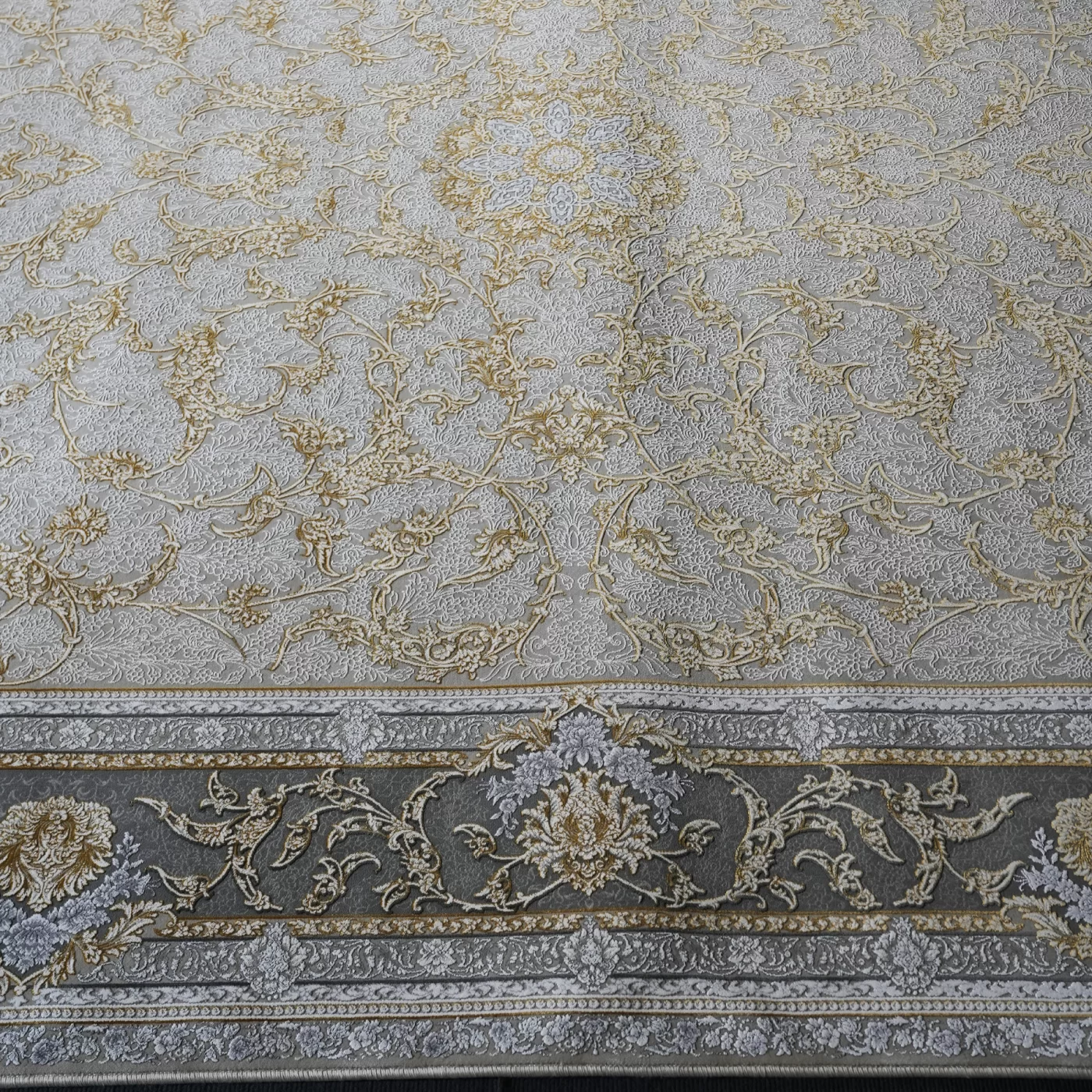 فرش ماشینی 1200 شانه تراکم 3600 گل برجسته طرح آنا بژ