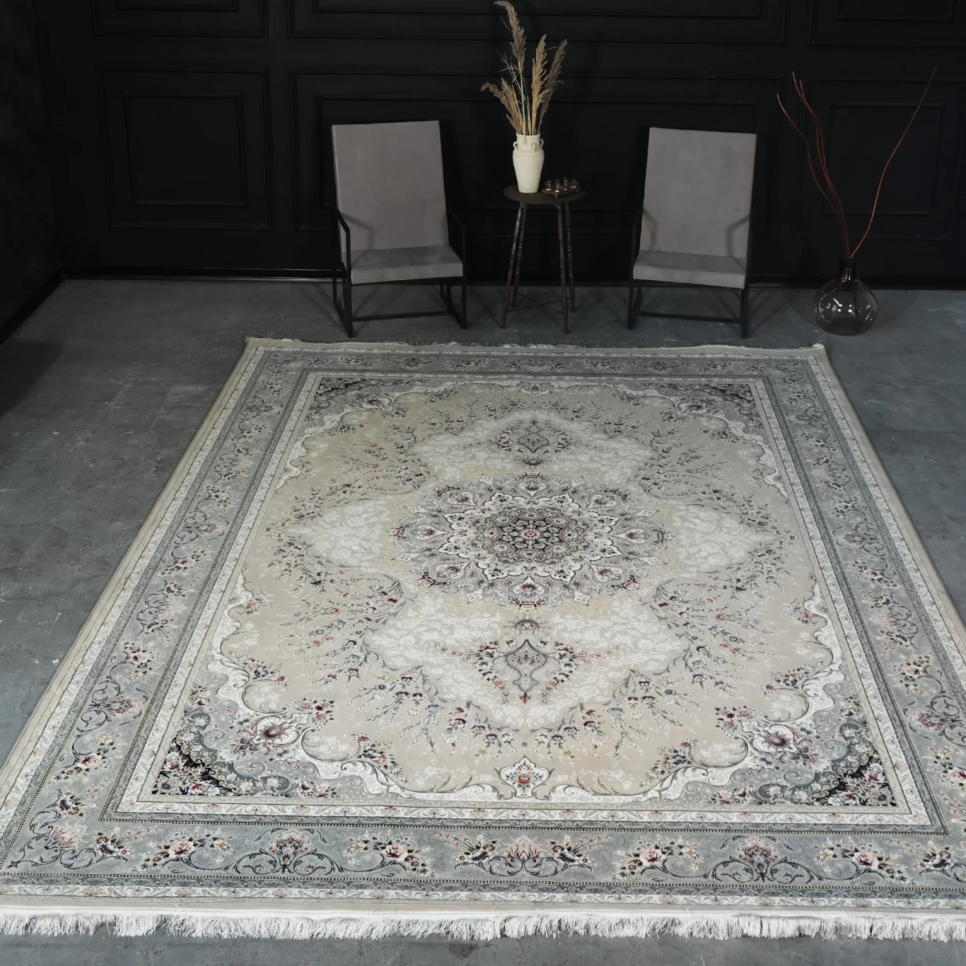 فرش ماشینی 1200 شانه تراکم 3600 گل برجسته طرح آراد بژ