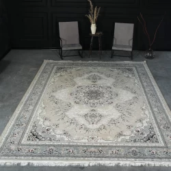 فرش ماشینی 1200 شانه تراکم 3600 گل برجسته طرح آراد بژ - بازارفرش - فرش 1200 شانه