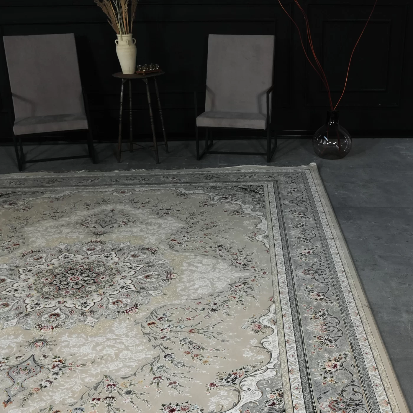 فرش ماشینی 1200 شانه تراکم 3600 گل برجسته طرح آراد بژ