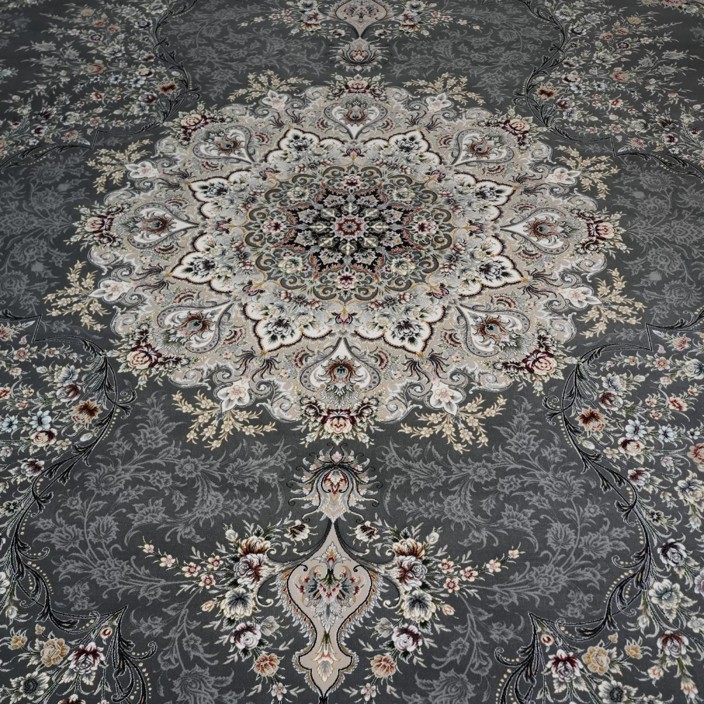 فرش ماشینی 1200 شانه تراکم 3600 گل برجسته طرح آراد دلفینی