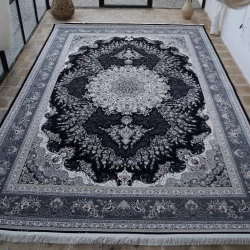 فرش ماشینی 1200 شانه تراکم 3600 گل برجسته طرح آراد سرمه ای - بازارفرش - فرش 1200 شانه