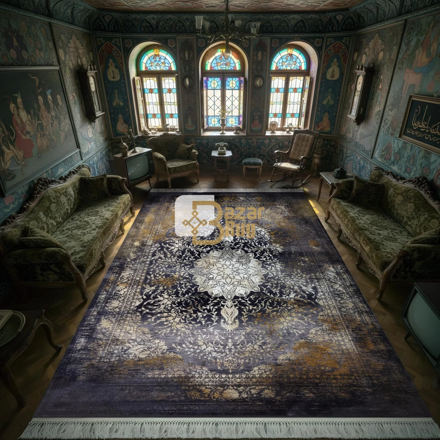 فرش ماشینی 1200 شانه تراکم 3600 گل برجسته طرح آرشا سرمه ای