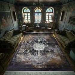 فرش ماشینی 1200 شانه تراکم 3600 گل برجسته طرح آرشا سرمه ای - بازارفرش - فرش 1200 شانه