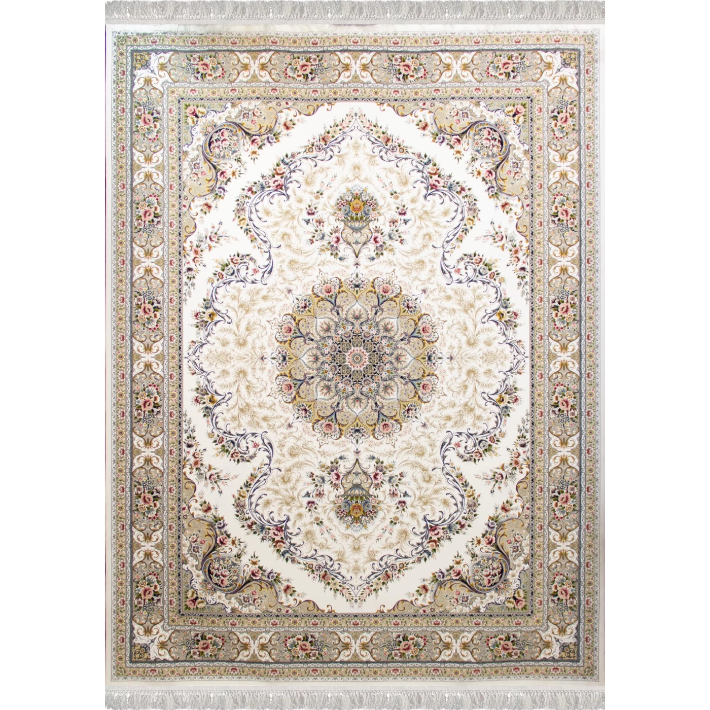 فرش ماشینی ۱۲۰۰ شانه تراکم ۳۶۰۰ گل برجسته طرح آرین کرم