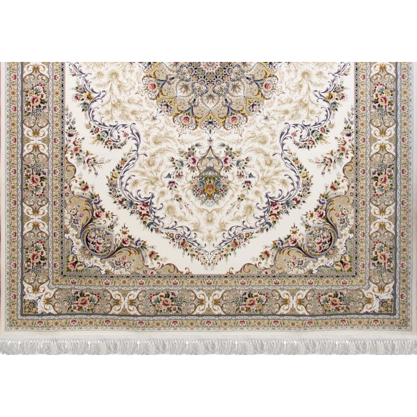 فرش ماشینی ۱۲۰۰ شانه تراکم ۳۶۰۰ گل برجسته طرح آرین کرم