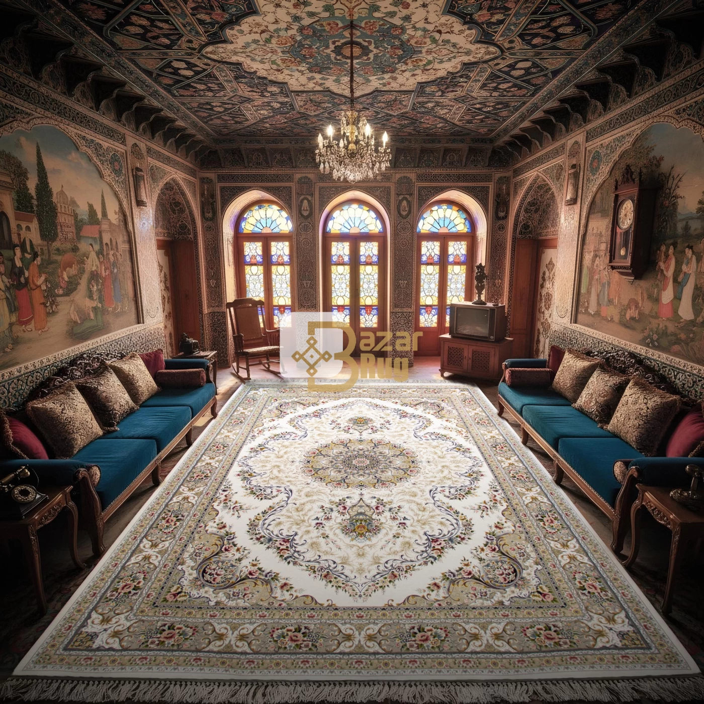 فرش ماشینی ۱۲۰۰ شانه تراکم ۳۶۰۰ گل برجسته طرح آرین کرم