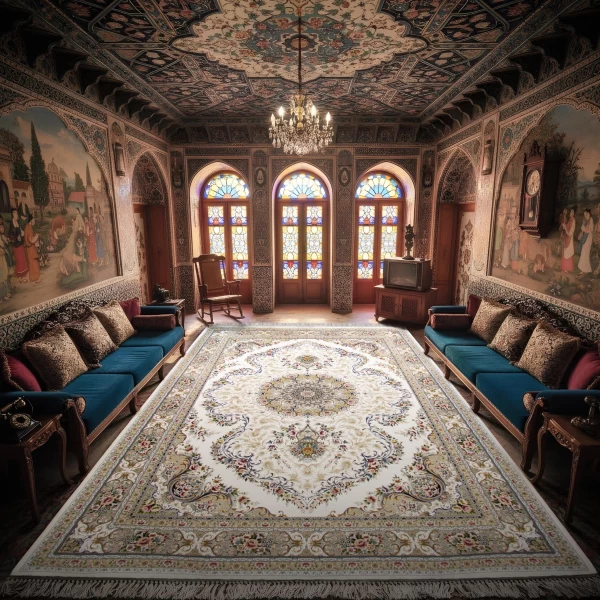 فرش ماشینی ۱۲۰۰ شانه تراکم ۳۶۰۰ گل برجسته طرح آرین کرم