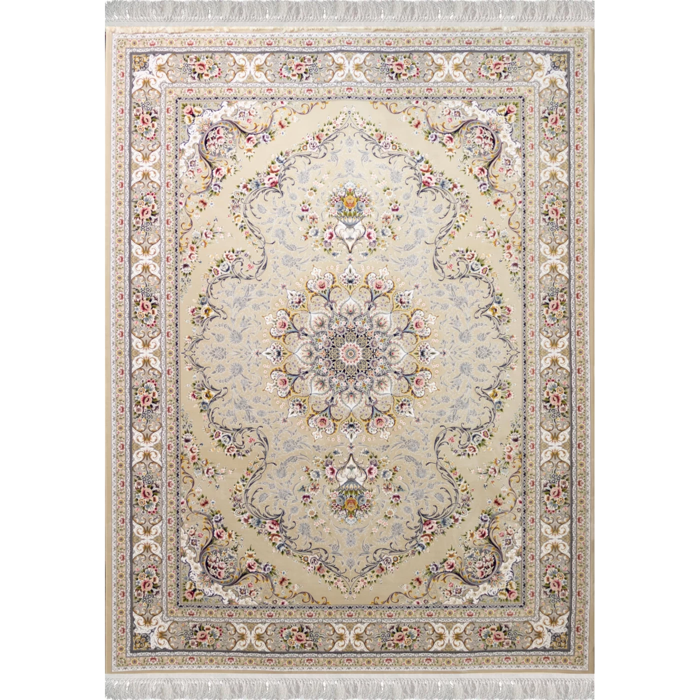 فرش ماشینی ۱۲۰۰ شانه تراکم ۳۶۰۰ گل برجسته طرح آرین بژ