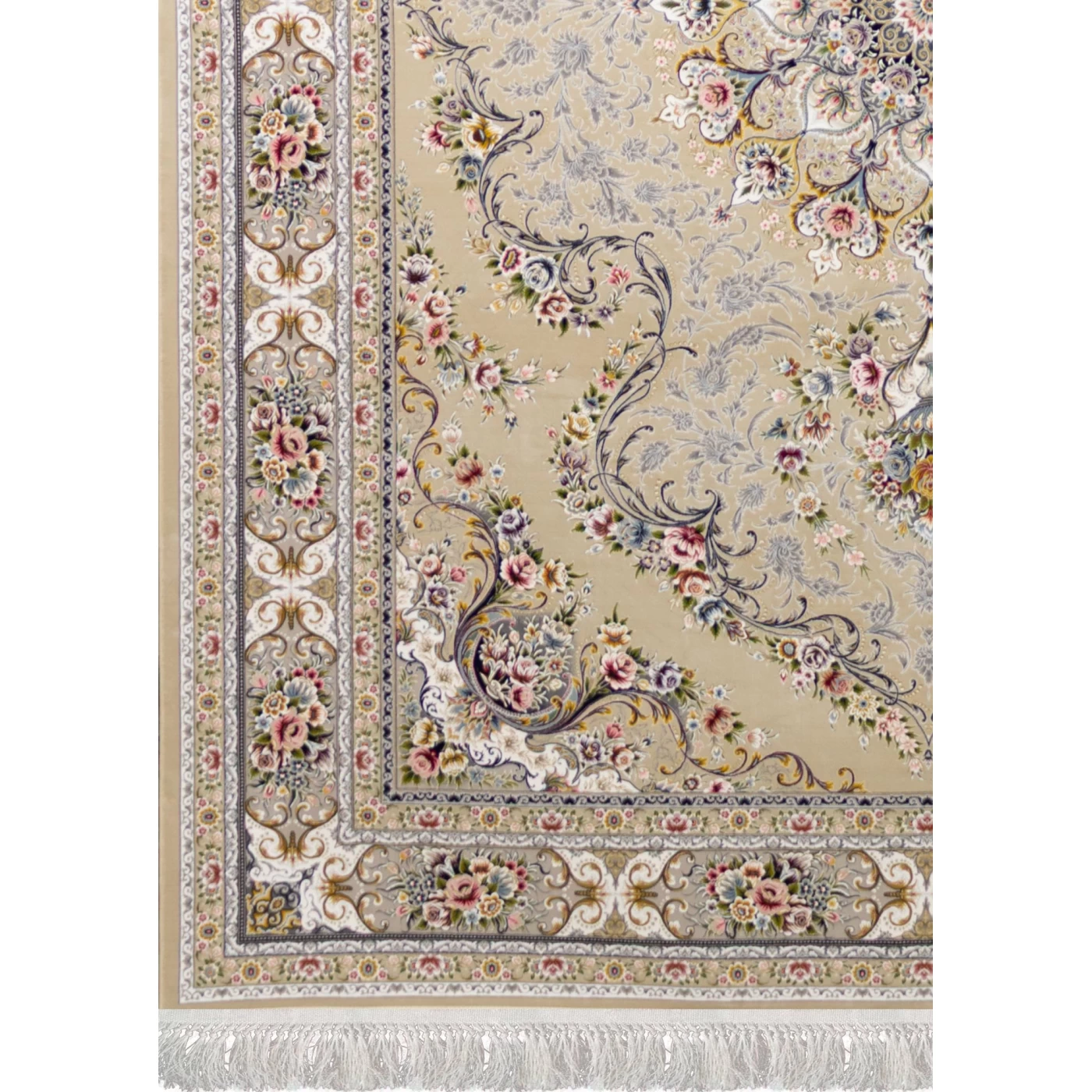 فرش ماشینی ۱۲۰۰ شانه تراکم ۳۶۰۰ گل برجسته طرح آرین بژ