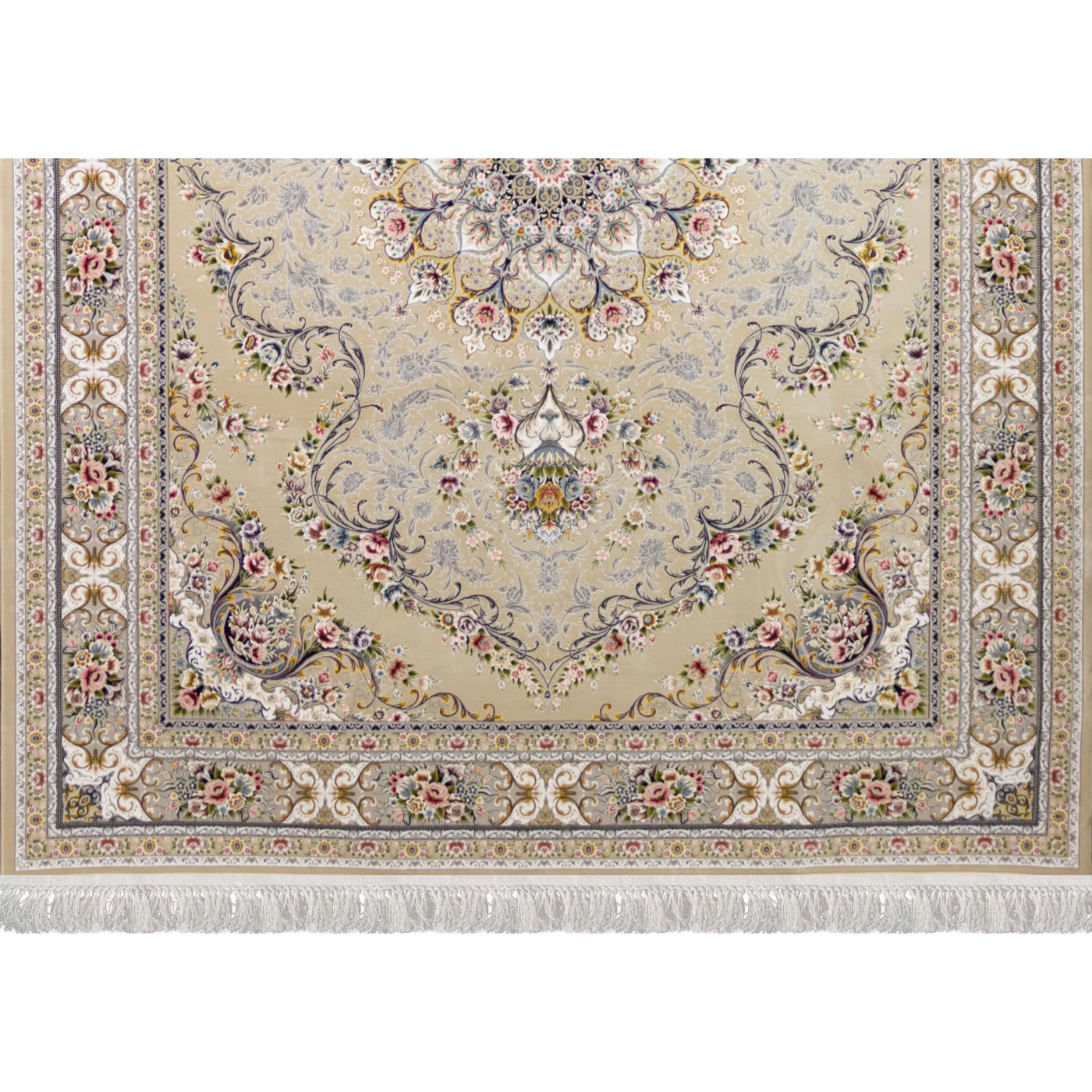 فرش ماشینی ۱۲۰۰ شانه تراکم ۳۶۰۰ گل برجسته طرح آرین بژ