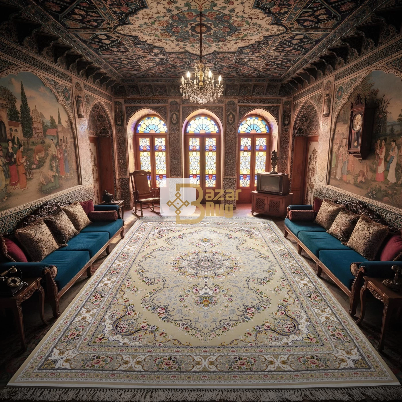 فرش ماشینی ۱۲۰۰ شانه تراکم ۳۶۰۰ گل برجسته طرح آرین بژ