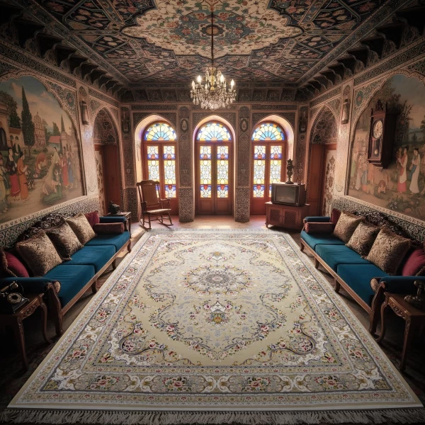 فرش ماشینی ۱۲۰۰ شانه تراکم ۳۶۰۰ گل برجسته طرح آرین بژ