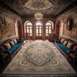 فرش ماشینی ۱۲۰۰ شانه تراکم ۳۶۰۰ گل برجسته طرح آرین دودی - بازارفرش - فرش 1200 شانه