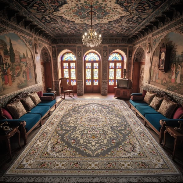 فرش ماشینی ۱۲۰۰ شانه تراکم ۳۶۰۰ گل برجسته طرح آرین دودی