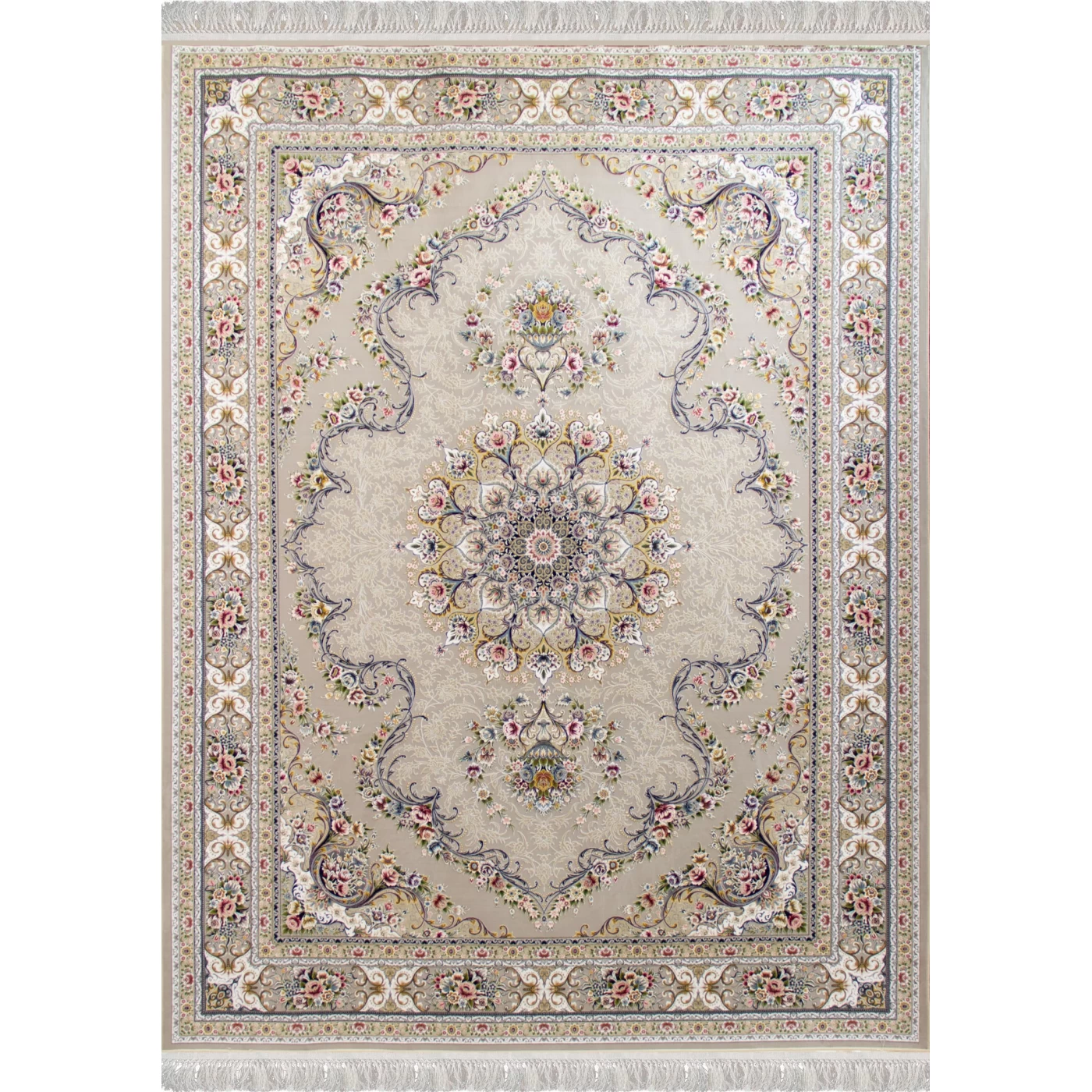 فرش ماشینی ۱۲۰۰ شانه تراکم ۳۶۰۰ گل برجسته طرح آرین نقره ای