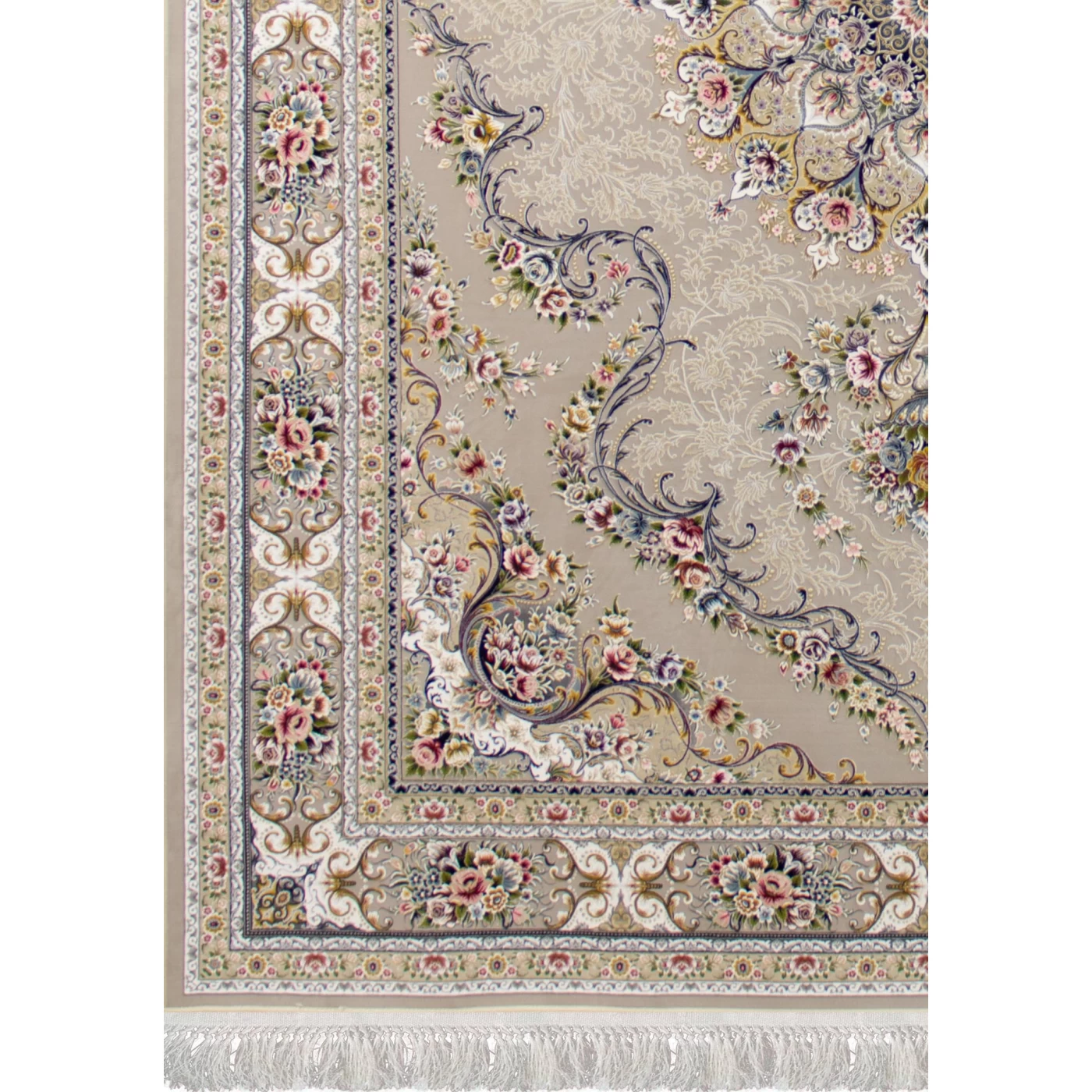 فرش ماشینی ۱۲۰۰ شانه تراکم ۳۶۰۰ گل برجسته طرح آرین نقره ای