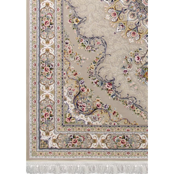 فرش ماشینی ۱۲۰۰ شانه تراکم ۳۶۰۰ گل برجسته طرح آرین نقره ای