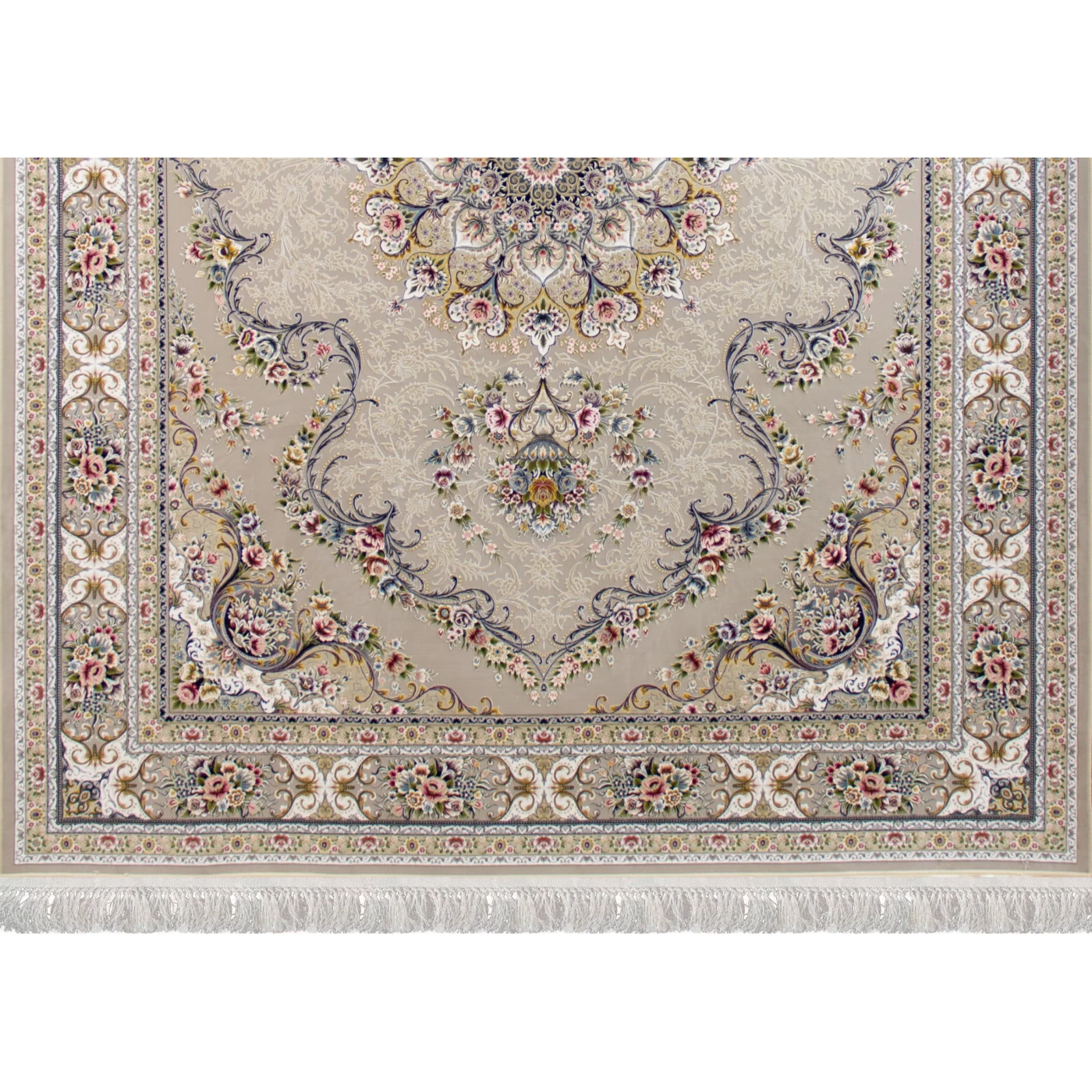 فرش ماشینی ۱۲۰۰ شانه تراکم ۳۶۰۰ گل برجسته طرح آرین نقره ای