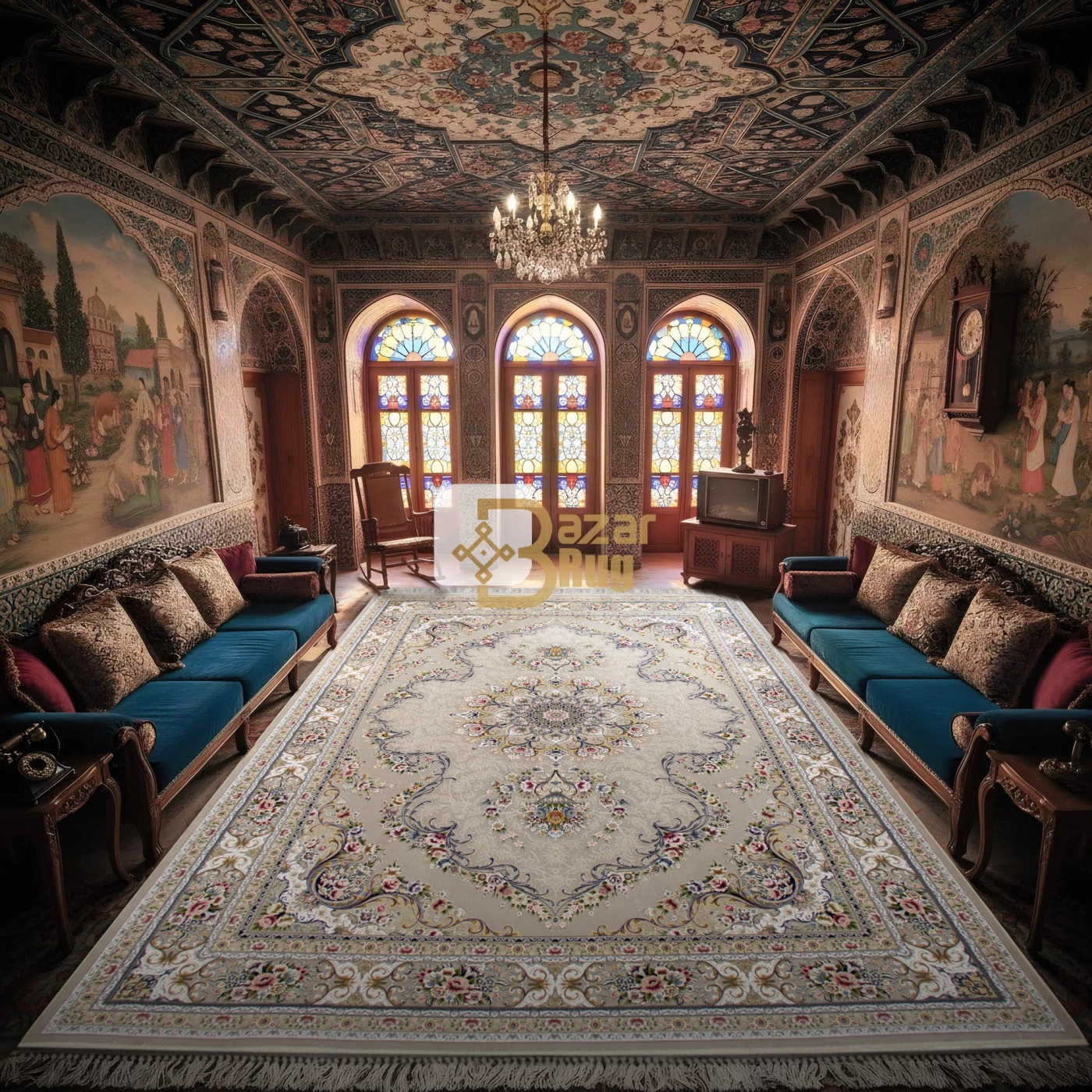 فرش ماشینی ۱۲۰۰ شانه تراکم ۳۶۰۰ گل برجسته طرح آرین نقره ای