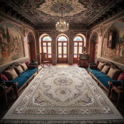 فرش ماشینی ۱۲۰۰ شانه تراکم ۳۶۰۰ گل برجسته طرح آرین نقره ای - بازارفرش - فرش 1200 شانه