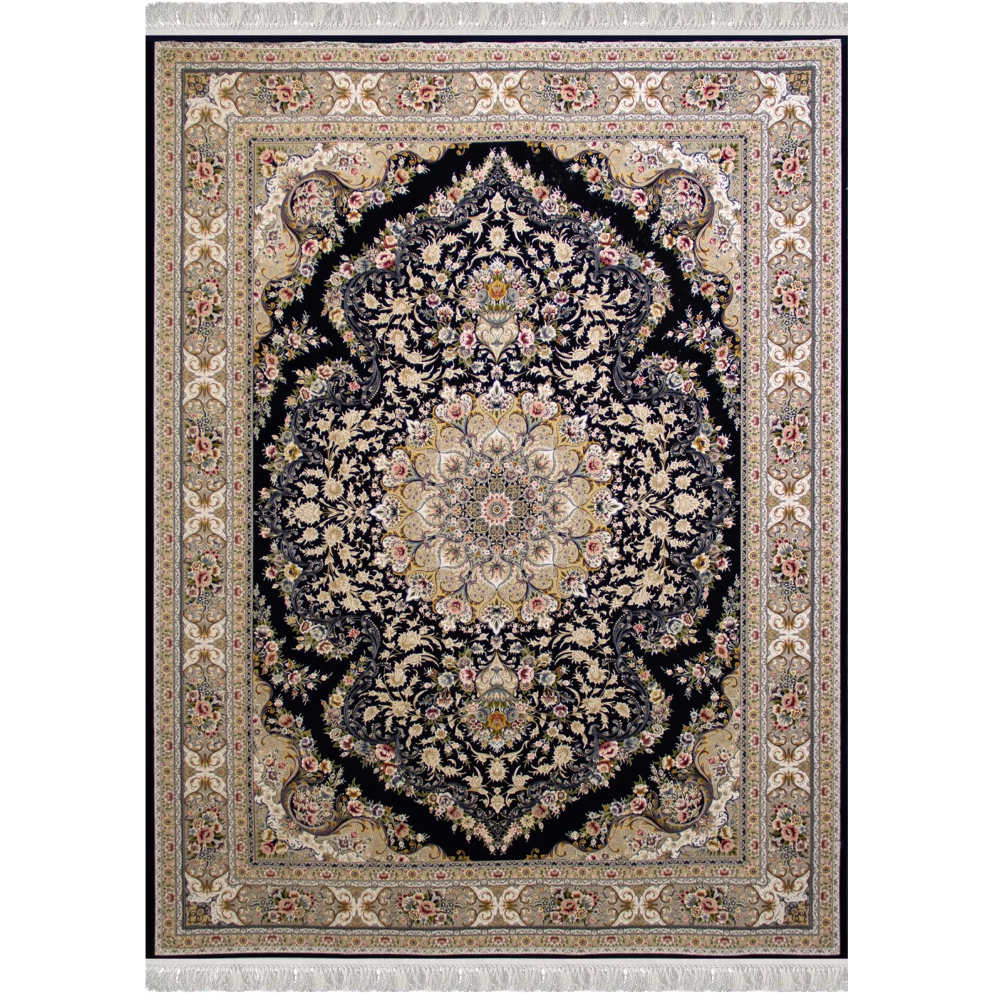 فرش ماشینی ۱۲۰۰ شانه تراکم ۳۶۰۰ گل برجسته طرح آرین سرمه‌ ای