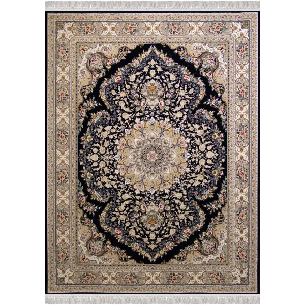 فرش ماشینی ۱۲۰۰ شانه تراکم ۳۶۰۰ گل برجسته طرح آرین سرمه ای