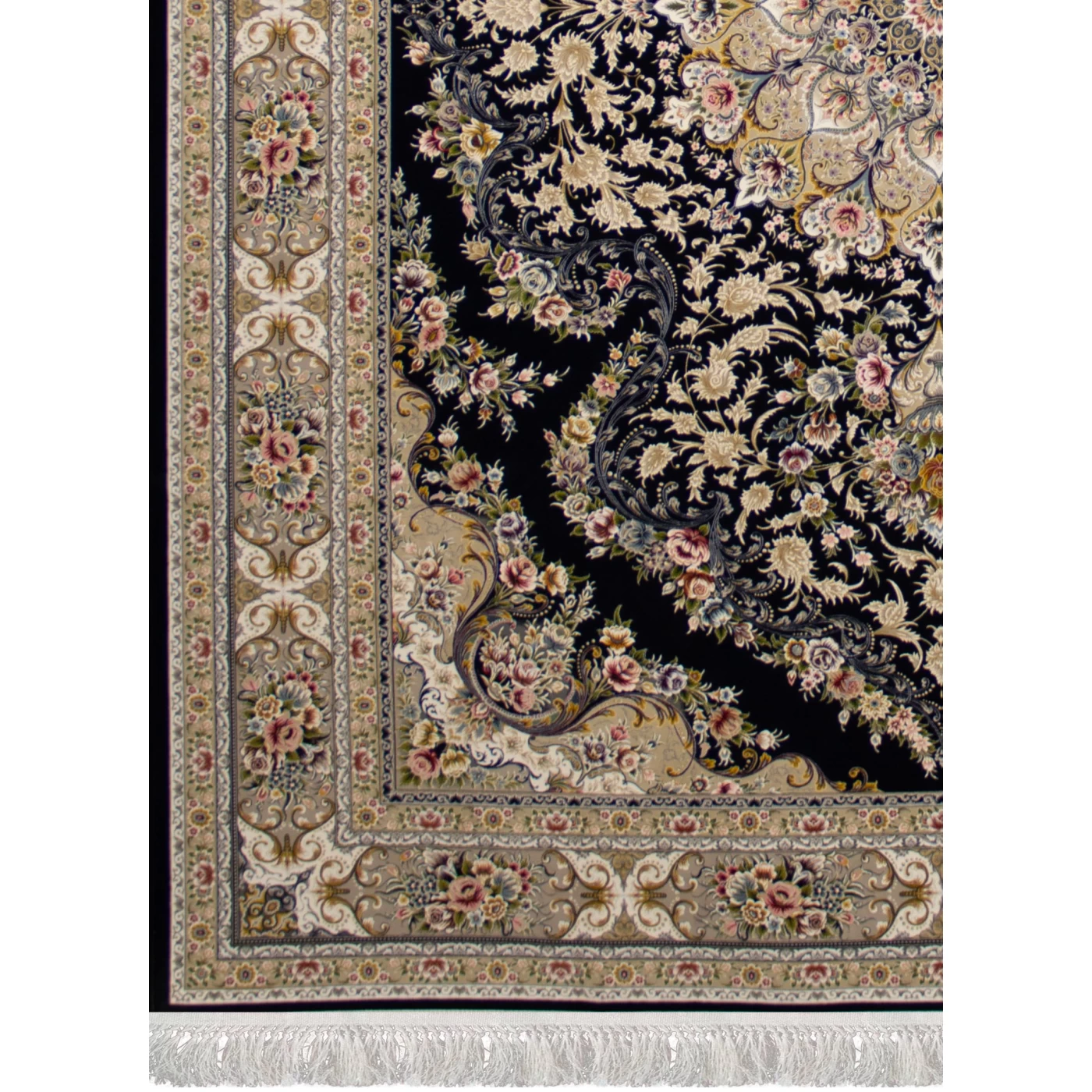 فرش ماشینی ۱۲۰۰ شانه تراکم ۳۶۰۰ گل برجسته طرح آرین سرمه‌ ای