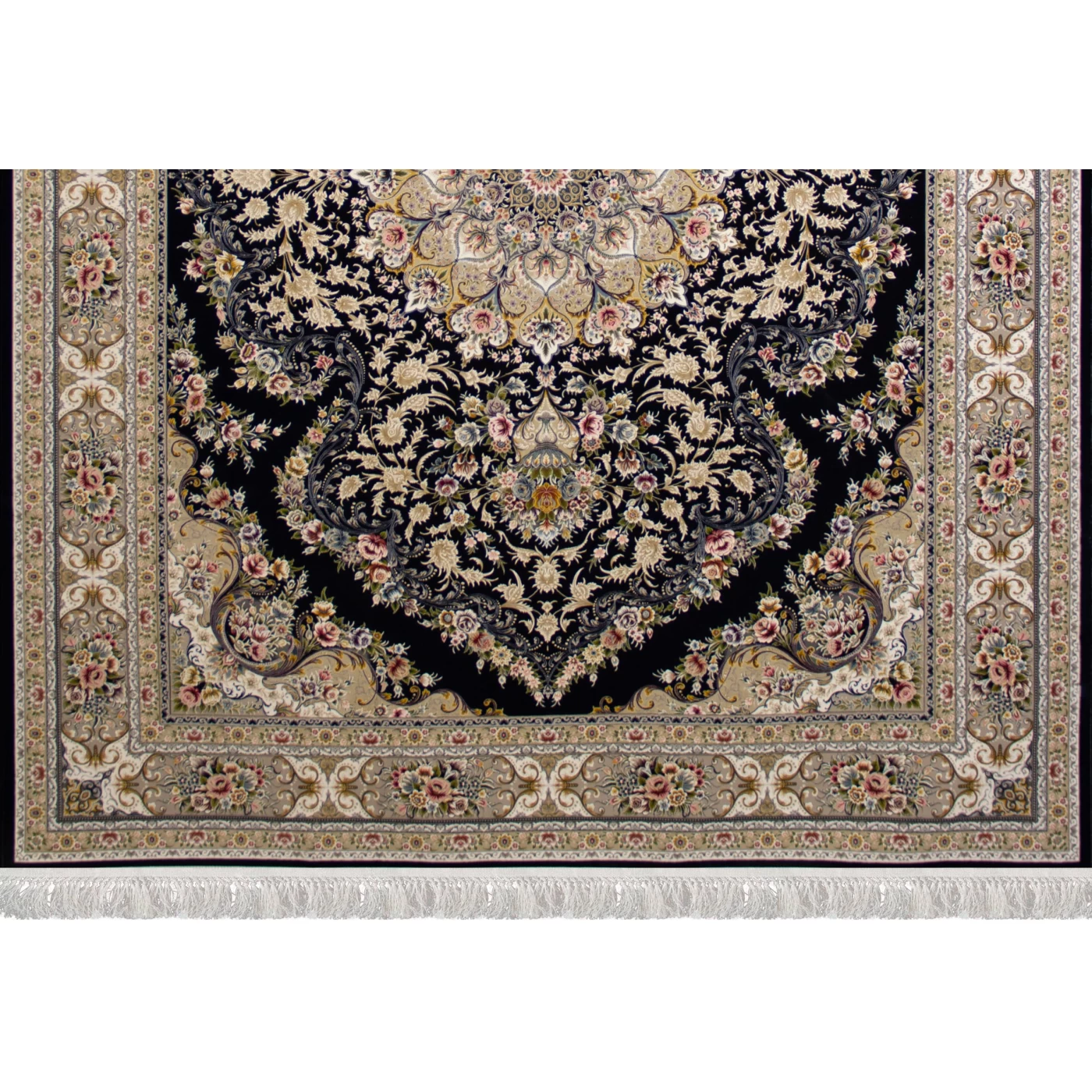 فرش ماشینی ۱۲۰۰ شانه تراکم ۳۶۰۰ گل برجسته طرح آرین سرمه‌ ای