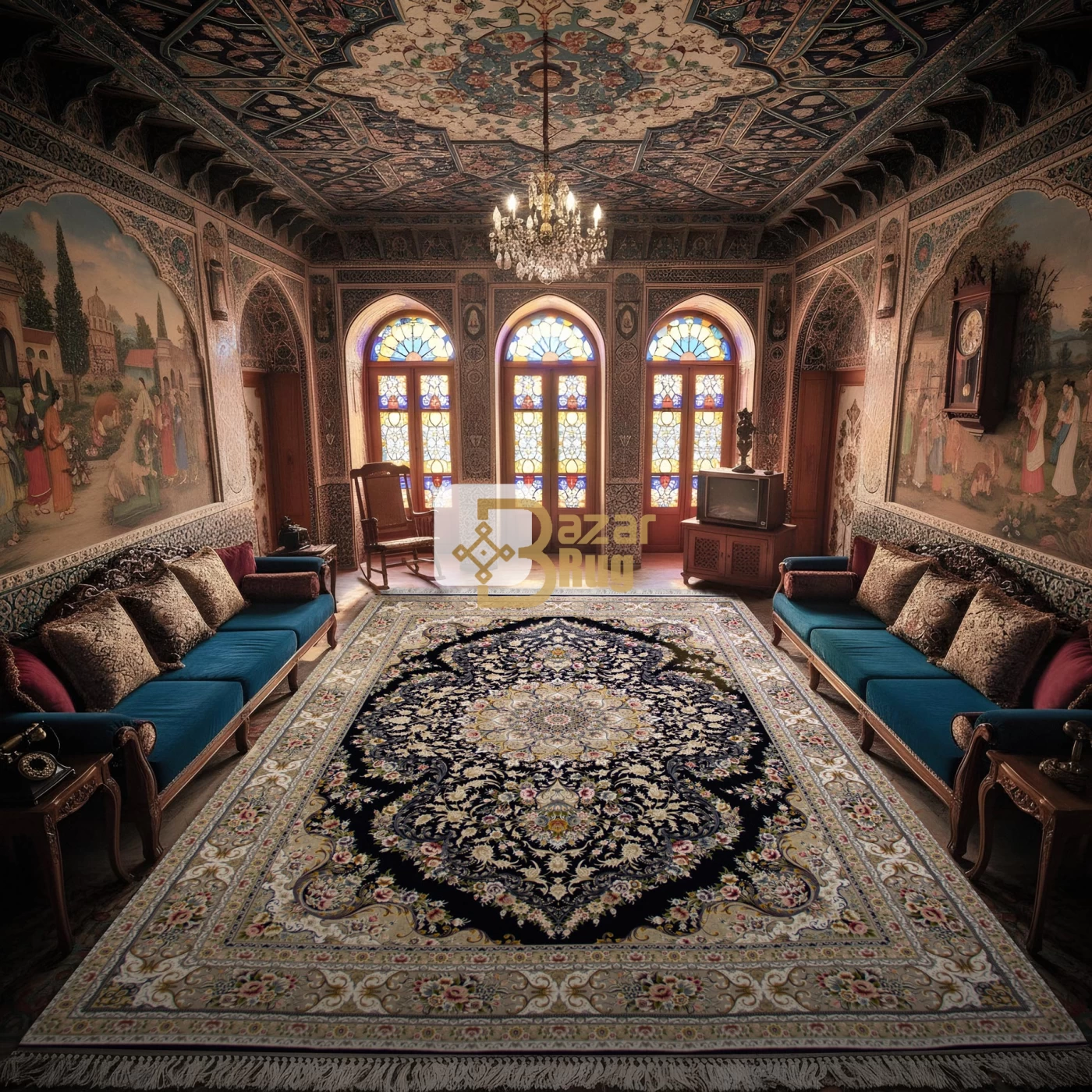 فرش ماشینی ۱۲۰۰ شانه تراکم ۳۶۰۰ گل برجسته طرح آرین سرمه‌ ای