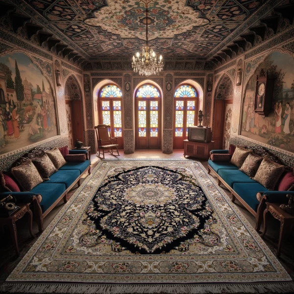 فرش ماشینی ۱۲۰۰ شانه تراکم ۳۶۰۰ گل برجسته طرح آرین سرمه ای