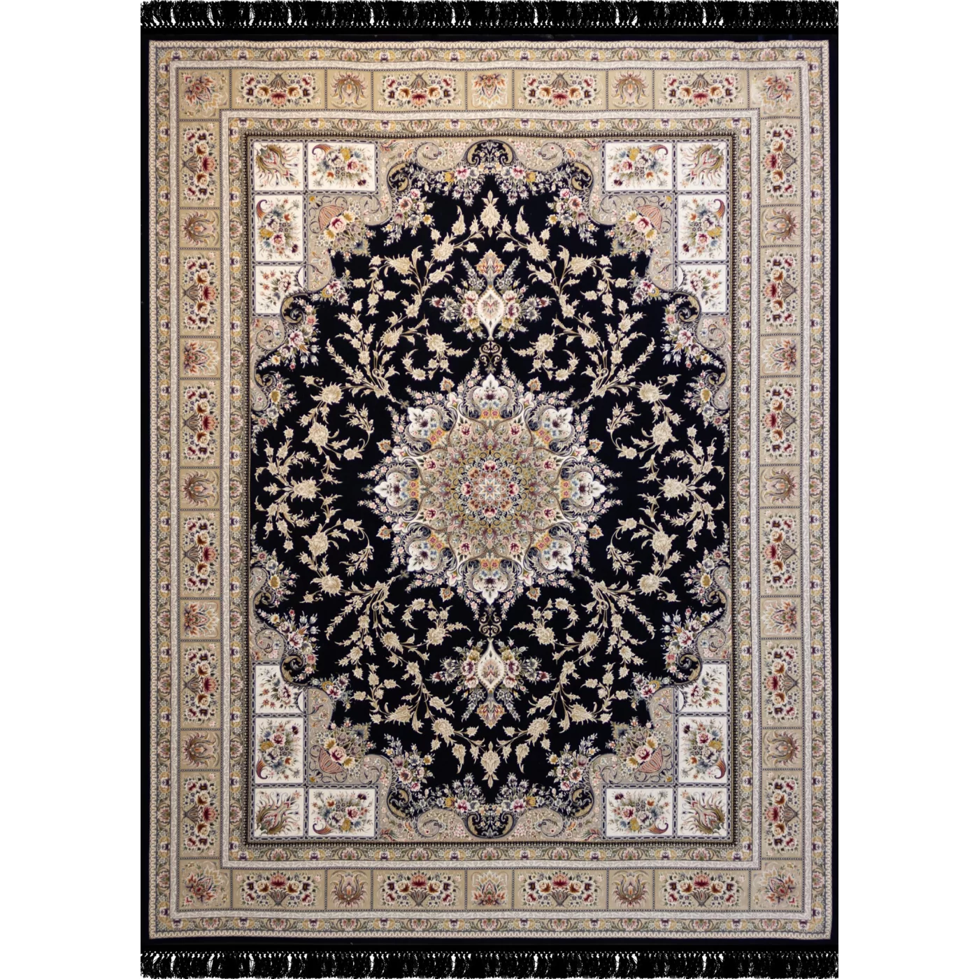 فرش ماشینی ۱۲۰۰ شانه تراکم ۳۶۰۰ گل برجسته طرح آسمان سرمه ای