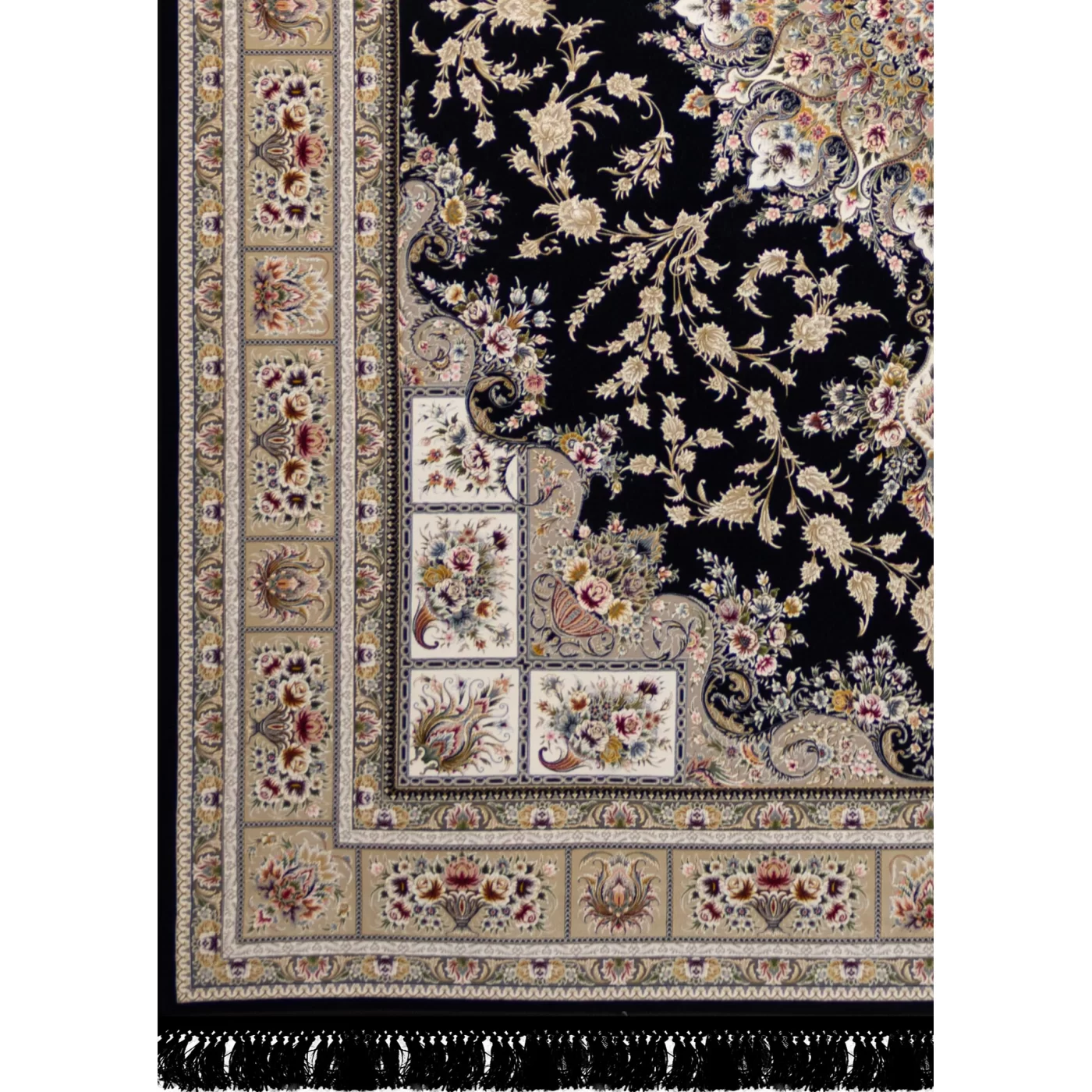 فرش ماشینی ۱۲۰۰ شانه تراکم ۳۶۰۰ گل برجسته طرح آسمان سرمه ای