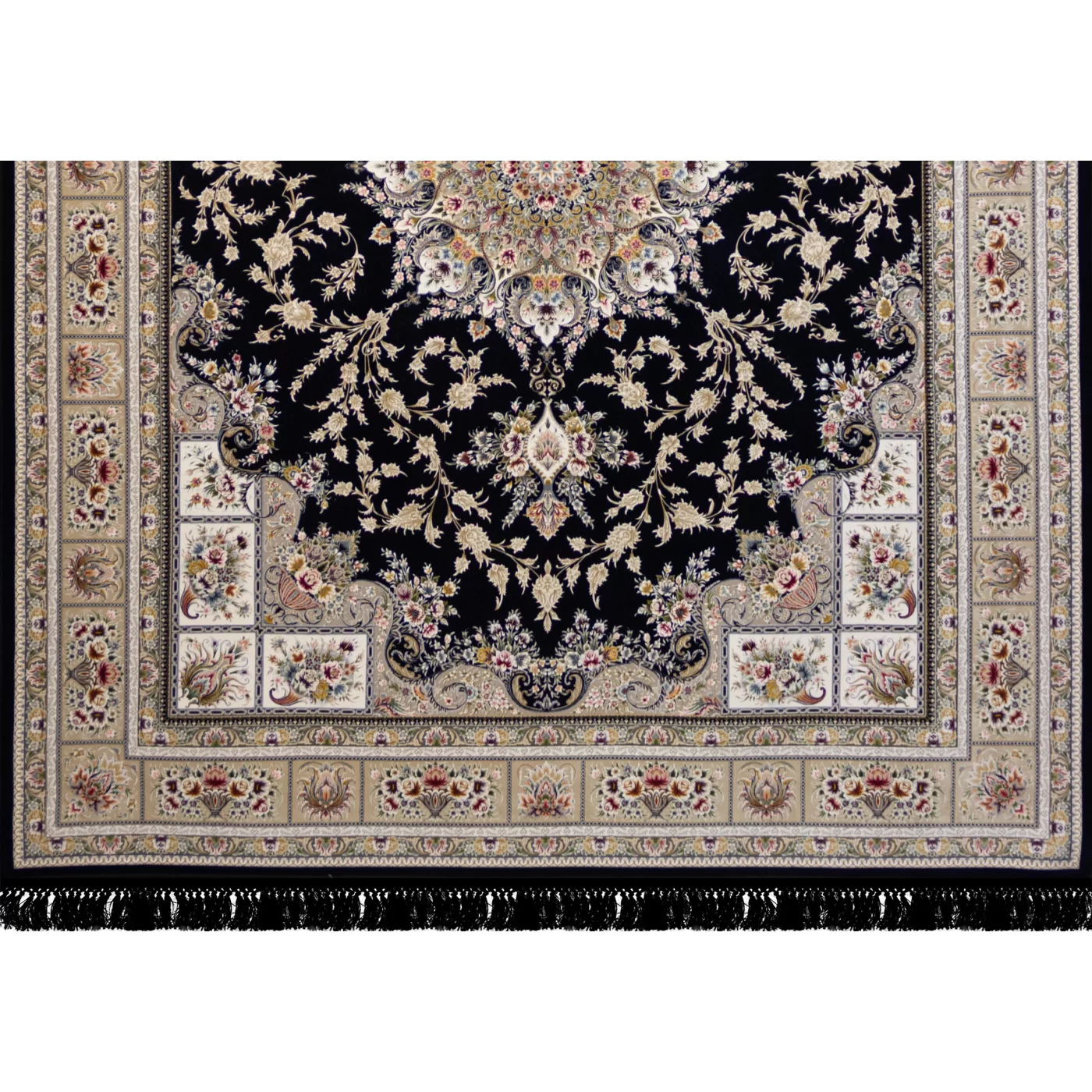 فرش ماشینی ۱۲۰۰ شانه تراکم ۳۶۰۰ گل برجسته طرح آسمان سرمه ای