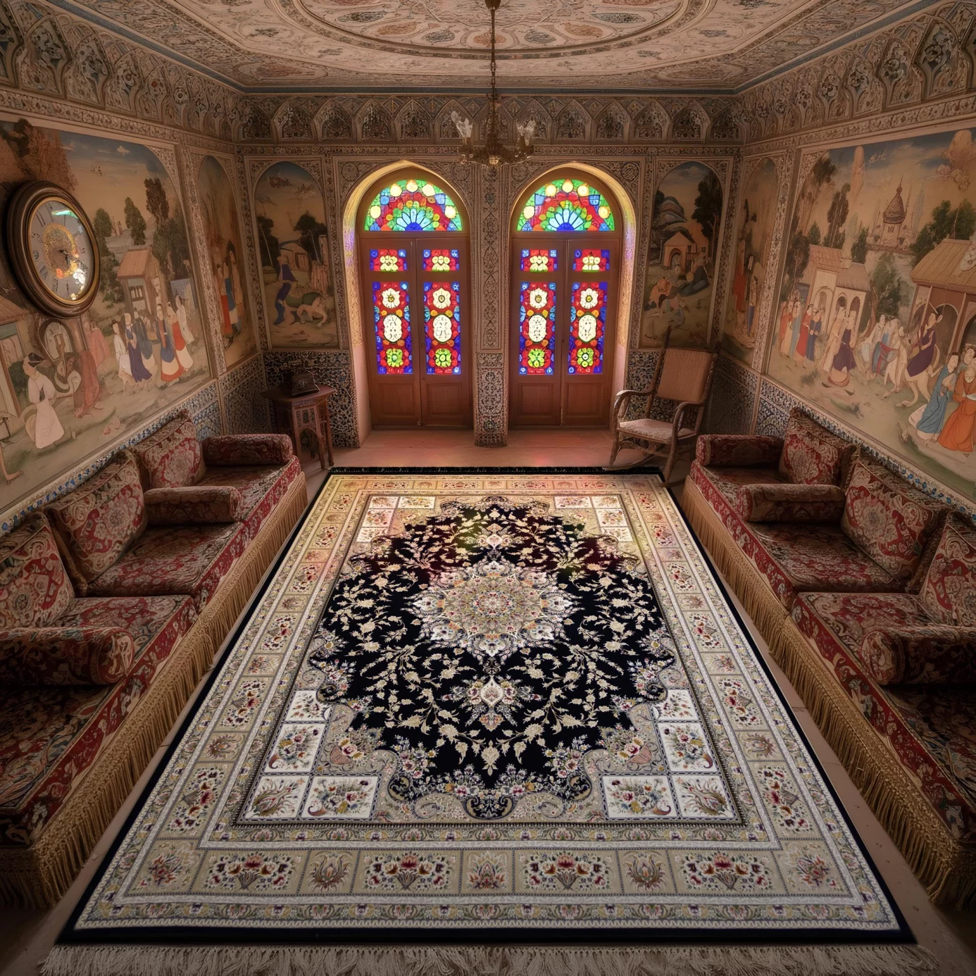 فرش ماشینی ۱۲۰۰ شانه تراکم ۳۶۰۰ گل برجسته طرح آسمان سرمه ای