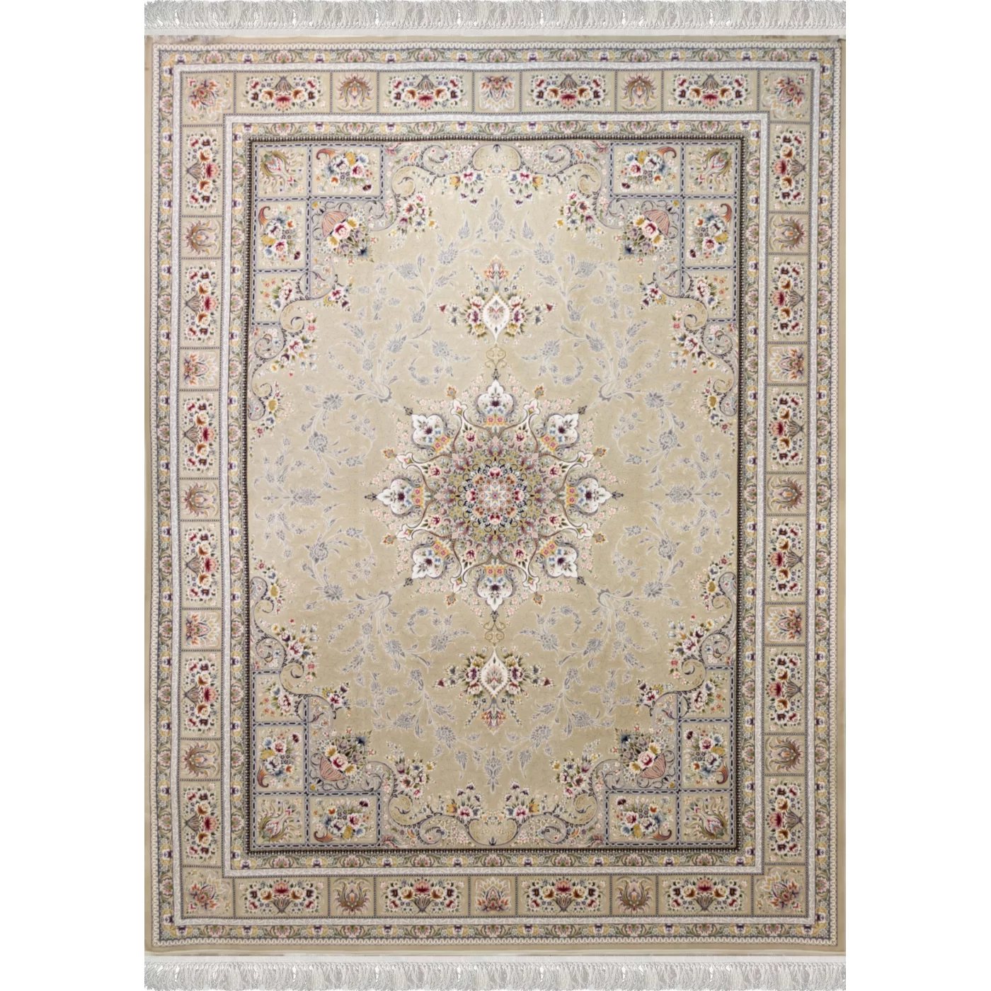 فرش ماشینی ۱۲۰۰ شانه تراکم ۳۶۰۰ گل برجسته طرح آسمان بژ