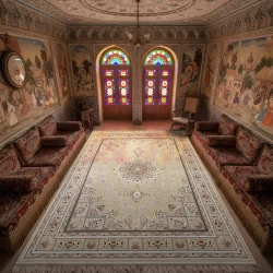 فرش ماشینی ۱۲۰۰ شانه تراکم ۳۶۰۰ گل برجسته طرح آسمان بژ - بازارفرش - فرش 1200 شانه